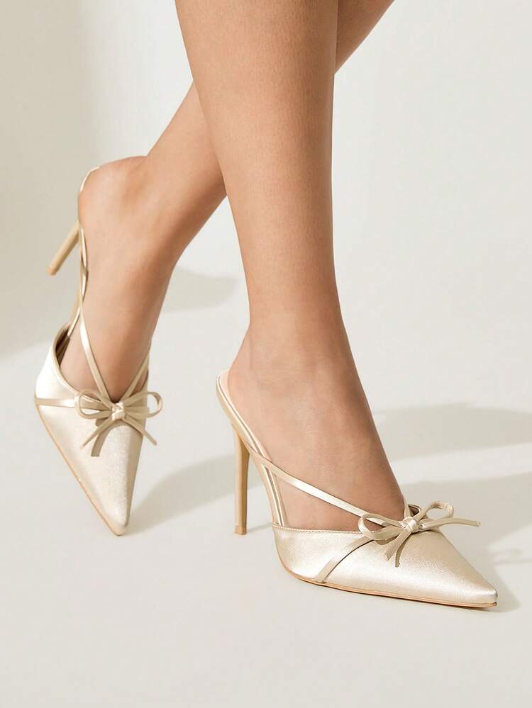 CUCCOO CHICEST Women's Pointed Toe Bowknot Strap Crossed High Heel Shoes, Elegant Romantic Satin Mule Slip-On Pumps For Formal Occasions, Afternoon Tea, Date, Party, Holiday Events (Apricot)