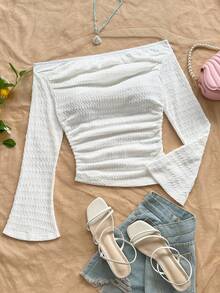 Soleia Women's Light Blue Textured Knit Fabric Ruched Off-Shoulder Flare Sleeve Fitted Casual Top For Vacation, Brunch, Boho White Off Shoulder Top White Off The Shoulder Crop Top White Summer Top White Textured Top White Long Sleeve Off Shoulder Top - White - View 5