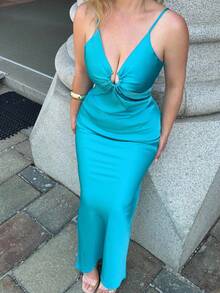 Jeta Ari Vestido longo de festa com decote em V, babado, alças finas e recortes, vestido formal para festa, festa de aniversário, ocasiões especiais - Azul - Visão 3