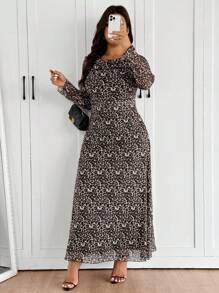 SHEIN Frenchy Plus Size Women's Hooded Tie Dye Print Maxi Dress, Elegant Loose Soft Mesh Fabric High Elasticity, Beige, Autumn, Wedding Guest Casual Fashionable - Multicolor - View 5