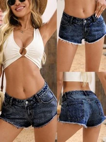 Breezaya 度假休闲低腰超短牛仔短裤 - 深色水洗藍 - 查看 1