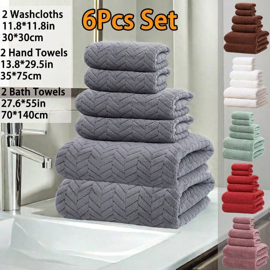 SHEIN 6-Piece Towel Set With Wheat-Ear Pattern, Made Of Ultra-Fine Fiber, Soft, Comfortable, Excellent Absorbency, Suitable For Bathroom Showers, Hotels, Saunas; Available In Multiple Colors (2 Bath Towels + 2 Hand Towels + 2 Face Towels) - Multi-color optional (30*30cm+35*75cm+70*140cm) - View 1