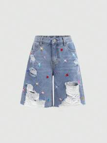 Girlism 千禧年复古水洗低腰破洞牛仔宽松长款短裤，优雅宽松版型，做旧牛仔长款短裤，带口袋设计和水钻装饰，适合日常出行、户外、居家、早午餐、下午茶、通勤、机场穿着，秋季、返校季、Y2K风格短裤、宽松牛仔短裤、破洞牛仔短裤、少女牛仔短裤 - 中等水洗藍 - 查看 1