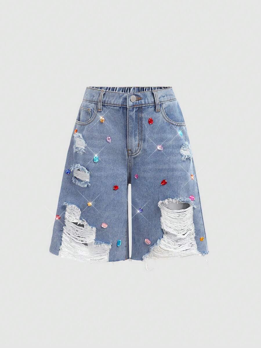 Girlism 千禧年复古水洗低腰破洞牛仔宽松长款短裤，优雅宽松版型，做旧牛仔长款短裤，带口袋设计和水钻装饰，适合日常出行、户外、居家、早午餐、下午茶、通勤、机场穿着，秋季、返校季、Y2K风格短裤、宽松牛仔短裤、破洞牛仔短裤、少女牛仔短裤 - 中等水洗藍 - 查看 1
