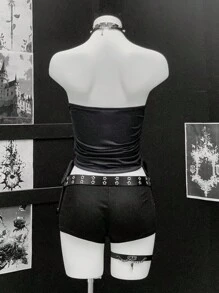 EgrlEra 女士金属装饰朋克心形印花抹胸上衣 - 黑色 - 查看 2
