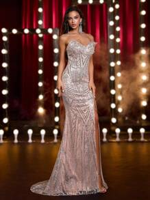 Glamrae Elegant Luxurious Off Shoulder 3D Sculptural Design Slit Fishtail Dress,Heavy-Duty Sequin Gown For Weddings,Galas,Parties & Formal Occasions - Silver - View 6