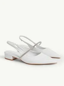 CUCCOO CHICEST Damen minimalistische Mode Spitzschuh weiße Strass Kette Blockabsatz Slip-On Lässig Loafer - Weiss - Übersicht 3