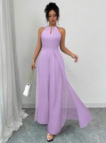Elenzga Mono elegante de mujer para ir al trabajo, de cuello en V sin mangas, cintura con nudo, de gasa con patchwork, verde, efecto estilizador y con fondo transparente - Morado - Ver 5