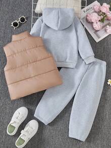 3pcs/Set Young Girls Casual Solid Color Hoodie Sweatshirt,Loose Sweatpants&Sleeveless Zipper Vest,Back-To-School School Autumn Winter Clothes Outfits - Multicolor - View 2