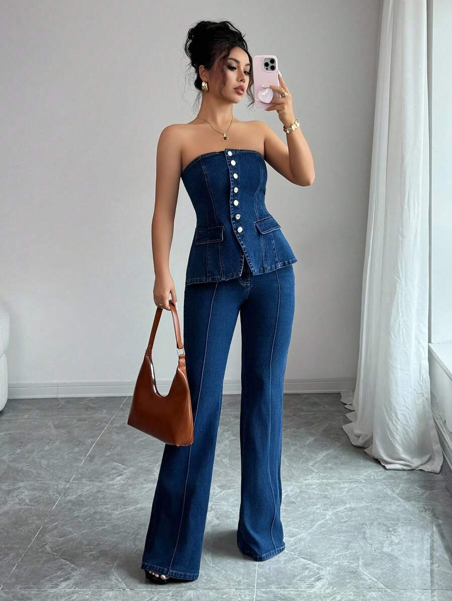 Selianne Summer Fashion Front Button Denim Jumpsuit - Dark Wash - View 1