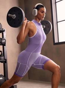 Powerista Striped Backless Sleeveless Fitted Sports Jumpsuit - Purple - View 7