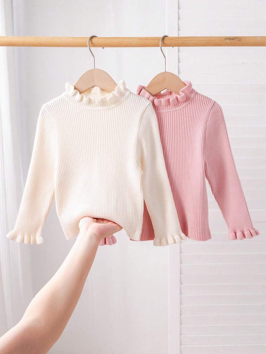 SHEIN Modischer einfarbiger Stehkragen Lässig Langarm Pullover für Kleine Mädchen, Gerippter Pullover für Mädchen, Rüschen-Kragen Pullover gestrickt, Winterkleidung Herbst - Pink - Übersicht 1