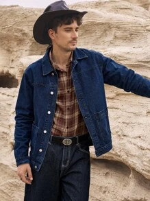 Manfinity Homme Casual Dark Washed Blue Loose Fit Denim Jacket With Large Pockets, Spring/Summer