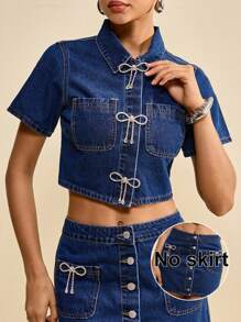 Muvela Women's Blue Denim Jacket, Elegant Bow-Knot Diamond-Decorated Short-Sleeved Shirt, Cotton-Containing French Top Date Night Outfits Women - Medium Wash - View 5