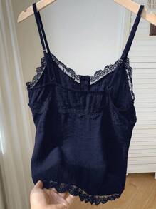 Top de verano de mujer con diseño de botones, patchwork de encaje en azul marino - Azul marino - Ver 5