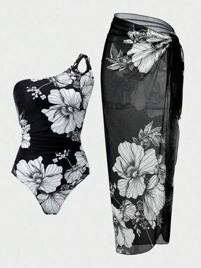 Swim Oasis 1pc Women's Floral Print One-Piece Swimsuit With Shoulder Design & Skirt Cover