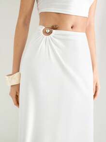 Maija Conjunto de 2 piezas de mujer para el verano con blusa de punto sin mangas con adorno de drapeado en los hombros y falda elegante con cintura elástica y ribete lateral - Blanco - Ver 5