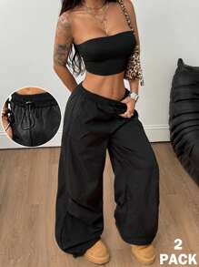 Coolane 女士夏季运动装街头服饰外出简约基本款日常装黑色针织筒形工装裤两件套服装