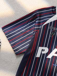 Explorewe 2pcs/Set Tween Boys' Football Graphic Polo T-Shirt & Loose Sports Shorts,Navy Blue,Summer,Casual,School,Back-To-School Fashionable Outfit For Kids - Multicolor - View 3