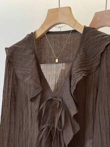 INAWLY Plus Size V-Neck Pleated Ruffle Tie Front Blouse Fall Cloth For Women - Coffee Brown - View 5