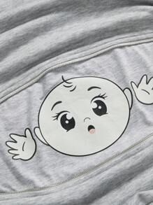 SHEIN 孕妇休闲可爱卡通图案拉链细节运动衫，适合日常穿着 - 灰色 - 查看 11