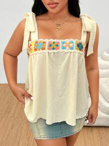 SHEIN EZwear Plus Size Women Floral Print Knotted Shoulder Camisole - Apricot - View 3