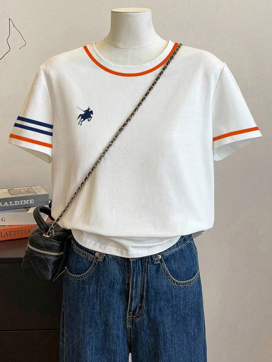 INAWLY Kaos Wanita Pas Badan Musim Panas dengan Gambar Penunggang Kuda dan Garis Merah - MultiWarna - View 1
