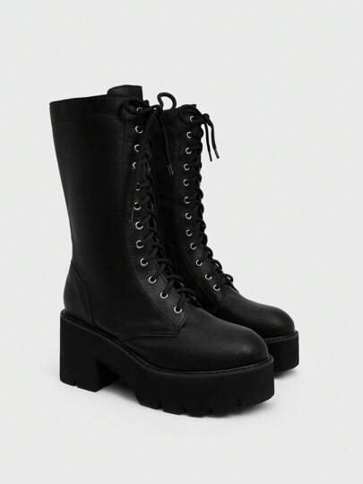 Sugerpunk Botas de motocicleta de media pantorrilla con suela gruesa negra, estilo callejero para mujer