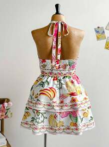 Soleia Plus Size Women Retro Floral Print Frill Halter Neck Tie Front Casual Summer Dress, Romantic, Graduation Season, Wedding Season, Back To School, Cute Lunch, Summer Travel