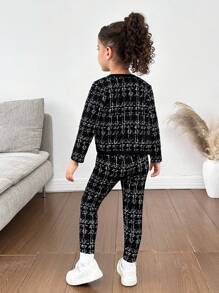 SHEIN Nova Glow 2 件套少女针织格子开衫和配套针织打底裤套装，毕业装 - 黑色 - 查看 2