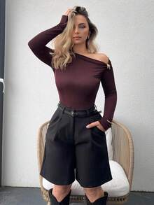 Jeta Ari Quần short Bermuda cạp cao có túi chéo phong cách Old Money Old Money dành cho nữ công sở thường ngày - màu đen - Xem 4