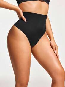 SHEIN Women's Black High Waisted Shapewear Thongs Medium Stretch Knitted Fabric Comfy Casual Long Plain Plus Size Underwear