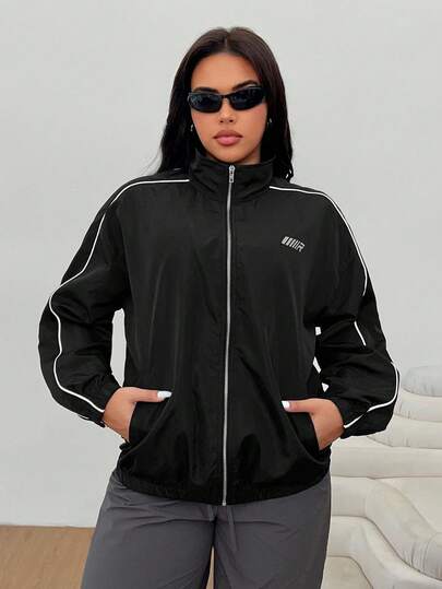 SHEIN EZwear 黑色休闲大码女式字母印花长袖夹克 Y2k 拉链夹克 女式秋冬装