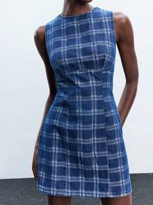 Maija 女式蓝色牛仔无袖圆领修身连衣裙 - 中等水洗藍 - 查看 7