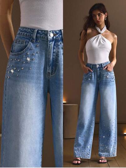 Selenza بناطيل جينز نسائية واسعة الساق مرتخية مزينة بالراينستون وذات جيوب، بناطيل جينز كاجوال
