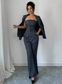 Selianne 3 件套女士优雅魅力套装：翻领夹克、吊带背心和喇叭裤，适合秋季 - 灰色 - 查看 5