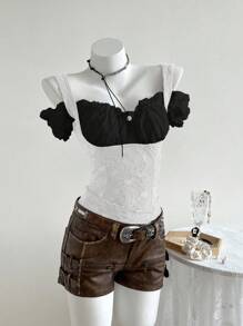 SHEIN Unity Women's Jacquard Design Off-Shoulder Fashionable Contrast Color T-Shirt - Black and White - View 1