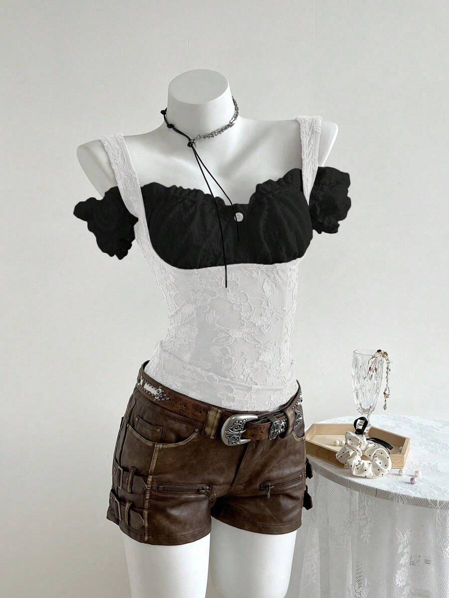 SHEIN Unity Women's Jacquard Design Off-Shoulder Fashionable Contrast Color T-Shirt - Black and White - View 1