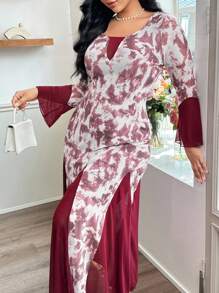 Modelyn 大码休闲时尚修身网眼拼布长袖连衣裙 - 酒紅色 - 查看 7