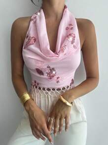 Firerie Women's V Neck Sequin Embroidered Textured Tassel Top Elegant Vacation Sequin Fringe Cami Top For Woman Vacation, Spring/Summer Wear, Festival/Party/Homecoming/Music Festival All-Match Summer Wedding Guest Female/Beachwear, Commute, Elegant, Sexy, Vacation, Beach, Bohemian, Hawaii, Music Festival, Romantic, Date - Mocha Brown - View 5