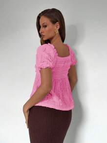 Roylia Textured Fabric Plain Sweet Heart Neckline Ruffle Hem Fashion T-Shirt - Pink - View 2