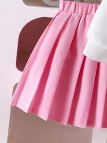 Young Girls Cute Multi-Color Bow Hooded Long Sleeve White Fashion Sweatshirt Paired With Pink Pleated Comfortable Skirt T-Shirt Set, Autumn/Winter - White - View 4