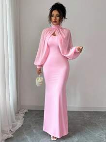 Elenzga New Elegant Mature Charm Evening Gown, Dignified & Gentle, Dreamy Pink, Hand-Beaded Long Sleeve Top, Graceful Mermaid Hem Bodycon Slip Dress Set Fall Cloth For Women - Pink - View 5