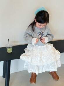 DAZY Toddler Girls' Casual Crew Neck Lace Patchwork Cartoon Print Sweatshirt - Grey - View 1