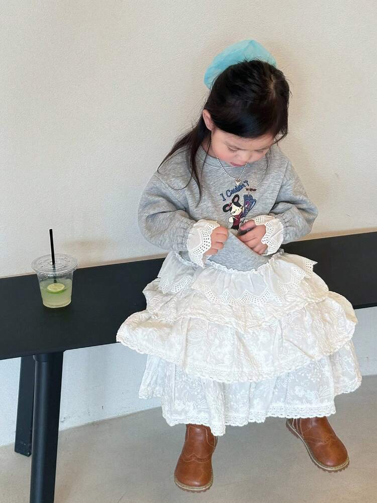 Toddler Girls' Casual Crew Neck Lace Patchwork Cartoon Print Sweatshirt