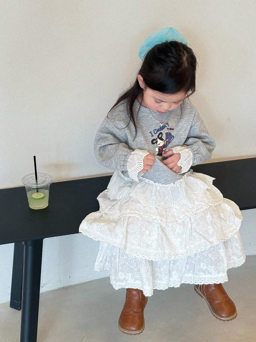 DAZY Toddler Girls' Casual Crew Neck Lace Patchwork Cartoon Print Sweatshirt - Grey - View 1