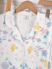 女童修身休闲轻便睡衣套装，优雅彩色花卉印花翻领开衫和长裤，2 件套家居服 - 白色 - 查看 6