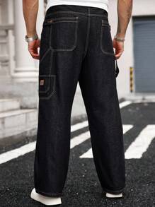 Manfinity Homme Plus Size Men's Street Fashion Casual Multi-Pocket Cargo Black Denim Jeans