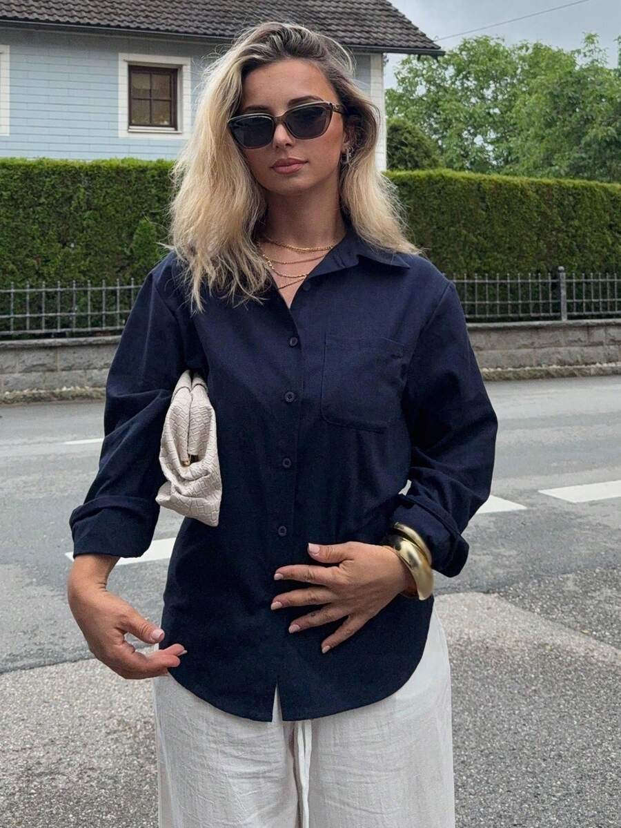 Jeta Ari 女士纯色休闲百搭宽松长袖翻领口袋衬衫，适合春夏季亚麻 - 藏蓝色 - 查看 1