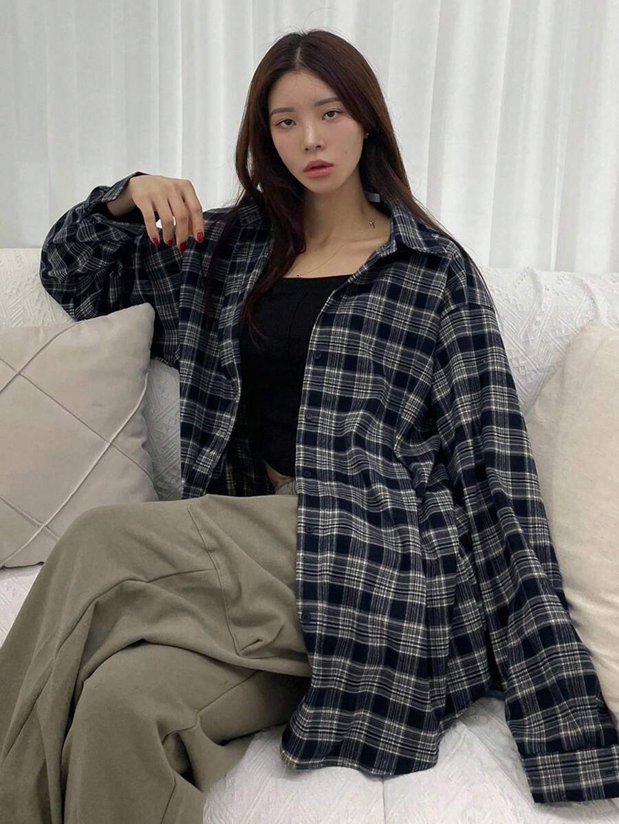 DAZY Chemise oversize à épaules tombantes imprimée à carreaux, vêtements d'automne, chemises en flanelle pour femmes, Top à manches longues
